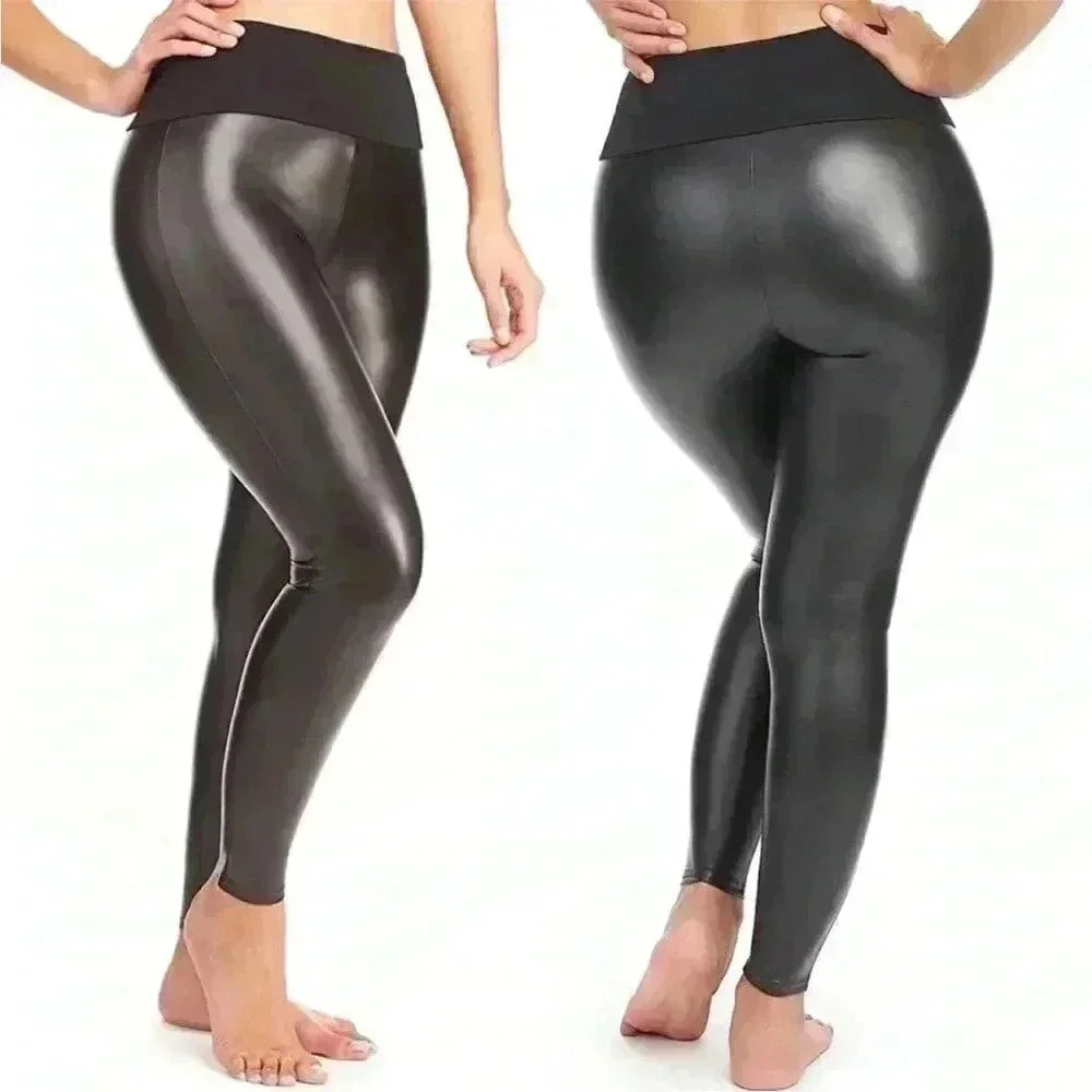 Spanx Red Hot Faux Leather Black Legging Elastic Waist Size Large L